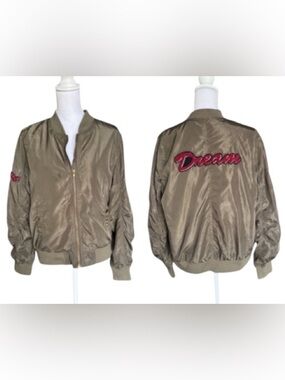 New Look Olive tan Bomber Jacket ‘Love and Dream’ XL   Retro Streetwear Style